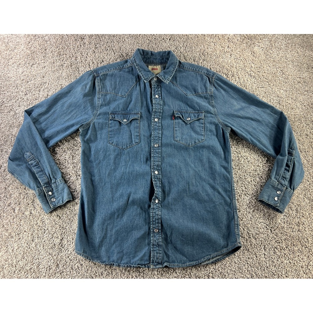 Levis Mens Medium Wash Denim Western Pearl Snap Long Sleeve Shirt Size M